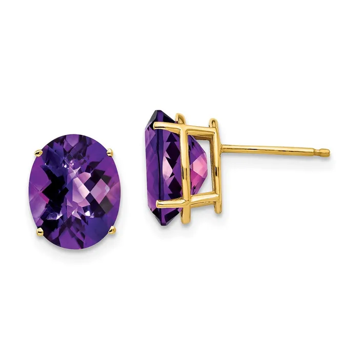 14k Yellow Gold 10x8mm Oval Amethyst Checker Earrings Goldia Earrings
