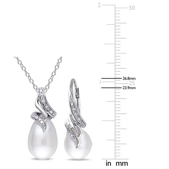 Earrings JMS always Original AMOUR 2 Piece Set Of 995 Mm Cultured Freshwater Pearl and 110 CT TW Diamond Twist Leverback Earrings and Pendant with Chain In Sterling Silver