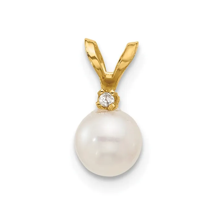 Goldiacom 14k 5 6mm Round White Freshwater Cultured Pearl Diamond Pendant Necklaces
