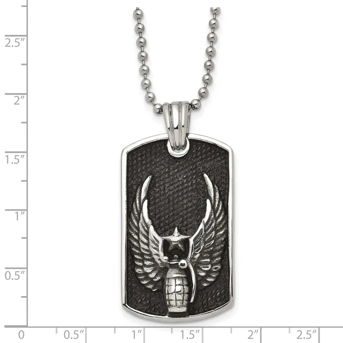 Necklaces TreasureFineJewelers Chisel Stainless Steel Antiqued and Polished Black IPplated Grenade with Wings Dog Tag on a 22 inch Ball Chain Necklace