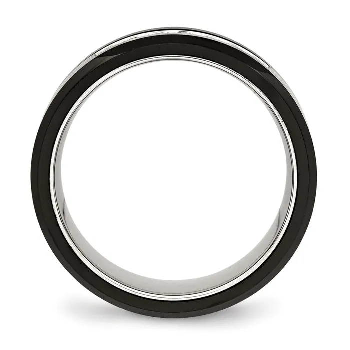 Rings TreasureFineJewelers Stainless Steel Polished Black Ceramic CZ Beveled Edge Ring