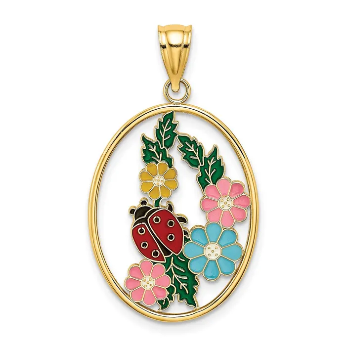 TreasureFineJewelers Charm Necklaces 14K Stained Glass w Enamel Oval Ladybug Charm