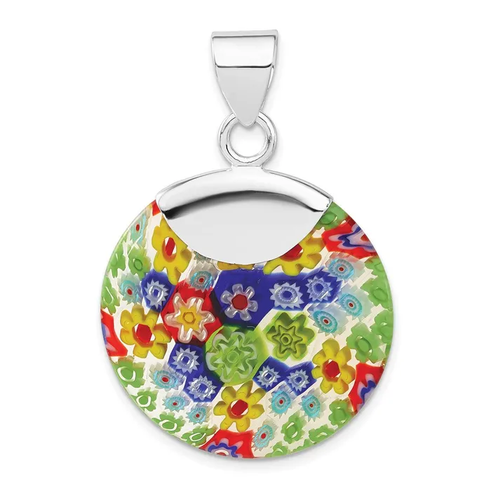 TreasureFineJewelers Necklaces Sterling Silver Polished Multicolored Glass Fancy Round Pendant