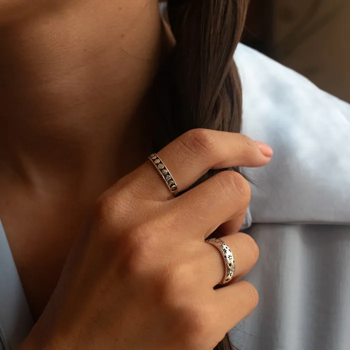 Silver Lotus Rings Silver Stamped Star Moon Band