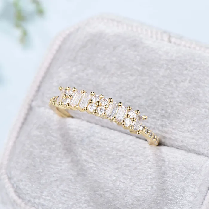 Baguette cut moissanite wedding ring Unique Half Eternity Moissanite Stacking matching ring Bridal ringYellow gold Anniversary band ring PENFINE Rings Baguette cut moissanite wedding ring Unique Half Eternity Moissanite Stacking matching ring Bridal ringYellow gold Anniversary band ring PENFINE Rings