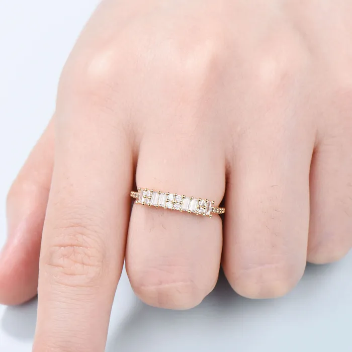 Baguette cut moissanite wedding ring Unique Half Eternity Moissanite Stacking matching ring Bridal ringYellow gold Anniversary band ring PENFINE Rings Baguette cut moissanite wedding ring Unique Half Eternity Moissanite Stacking matching ring Bridal ringYellow gold Anniversary band ring PENFINE Rings