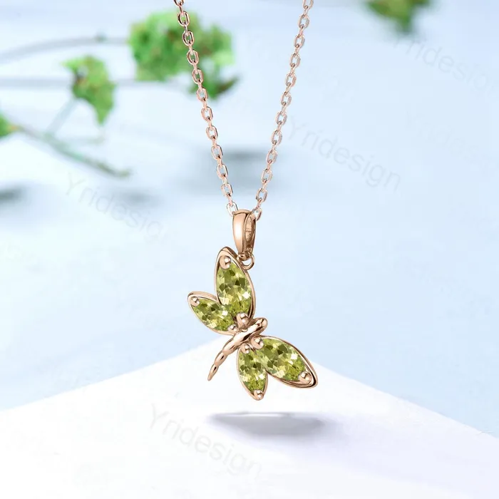 PENFINE Unique Butterfly Pendant Necklace Vintage Peridot Necklace Cute Marquise Peridot Pendant for Women August Birthstone Handmade Proposal Gifts Necklaces