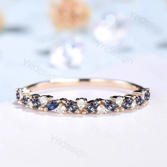 PENFINE Vintage Alexandrite wedding band Marquise cut alexandrite wedding ring women Unique art deco anniversary stacking ring 10k14k18kplatinum Rings