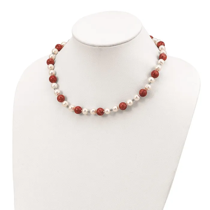 WB Choice Jewelry Necklaces Sterling Silver FW Cultured PearlsStabilized Red Coral NecklaceWBCQH456018