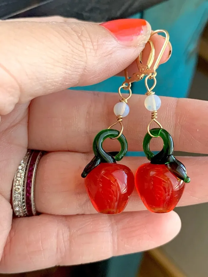 Love Vintage Paris Earrings Glass Apple Earrings Vintage Opal Glass Gold Filled Handmade