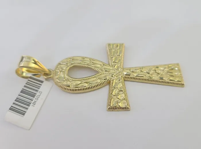 10k Ankh Cross Pendant Jesus Cross Nugget Style Yellow Gold Charm Real Genuine Gold and Diamond Necklaces