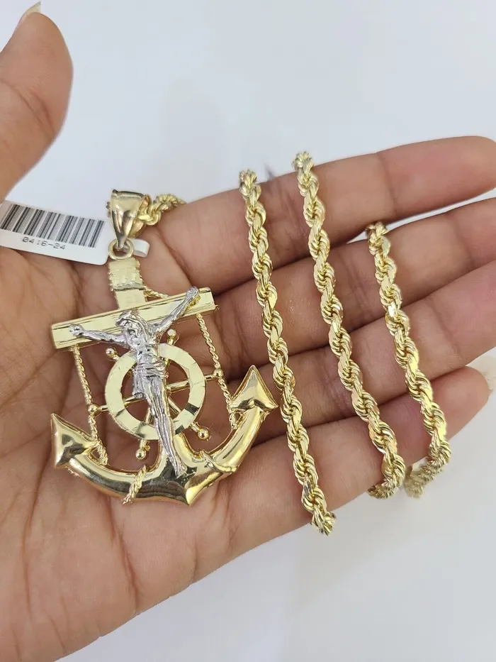 10k Solid Rope Chain Jesus Anchor Charm Set 4mm 2028 Necklace Gold Yellow Gold and Diamond Necklaces