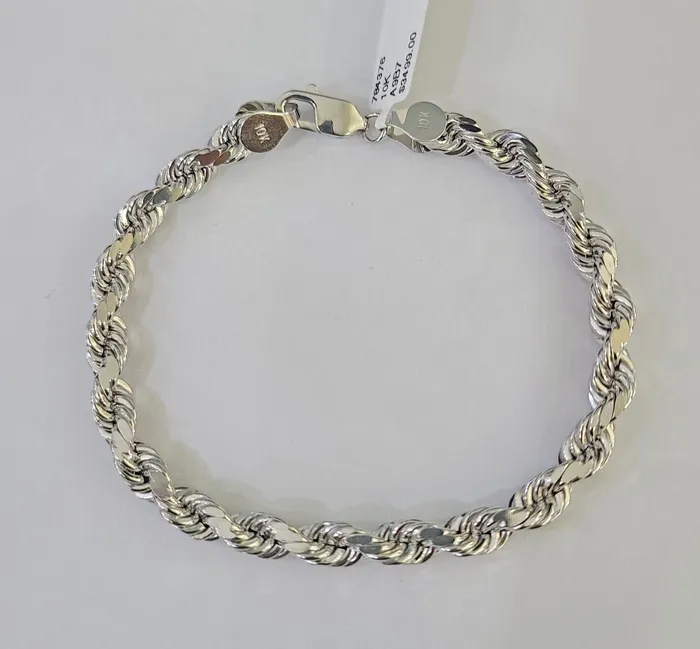 Bracelets Gold and Diamond Real 10K Rope Bracelet White Gold 5mm 8Inches Lobster Lock Unisex Genuine