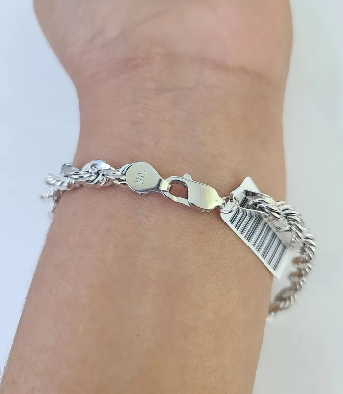 Bracelets Gold and Diamond Real 10K Rope Bracelet White Gold 5mm 8Inches Lobster Lock Unisex Genuine