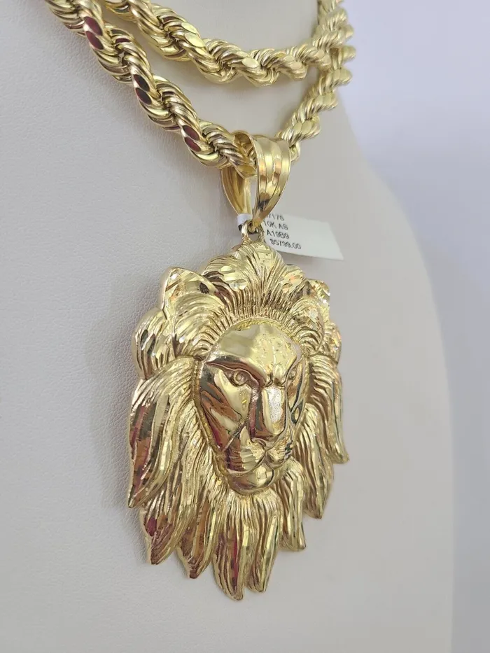 Globalwatches10 Necklaces Real 10k Rope Chain Lion Head Charm Set 8mm 2030 Inch Necklace Yellow Gold