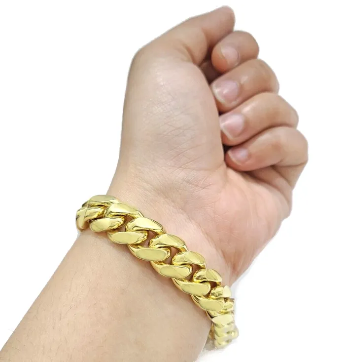 Gold and Diamond 14kt Solid Yellow Gold Miami Cuban Bracelet Real 14k 13mm 95 inches Box Lock Bracelets