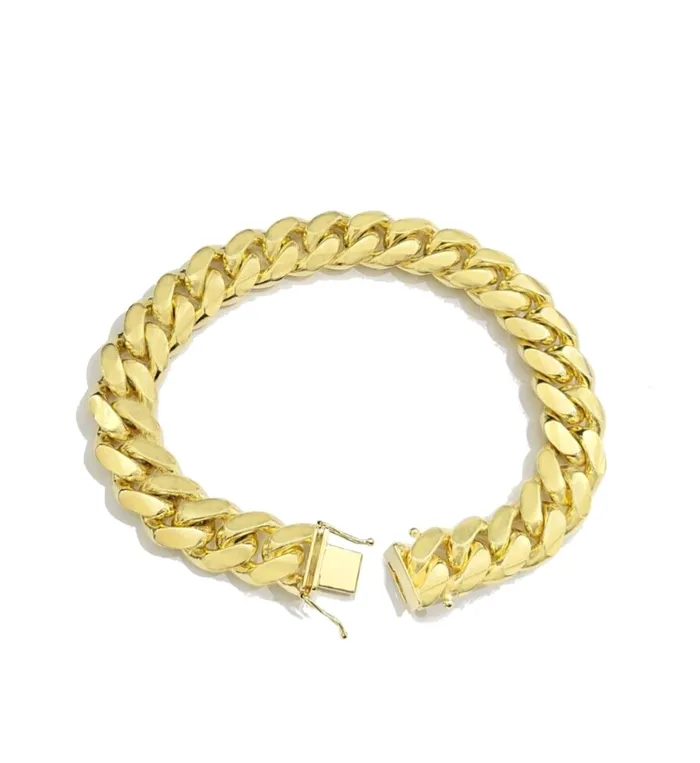 Gold and Diamond 14kt Solid Yellow Gold Miami Cuban Bracelet Real 14k 13mm 95 inches Box Lock Bracelets