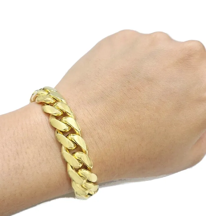 Gold and Diamond 14kt Solid Yellow Gold Miami Cuban Bracelet Real 14k 13mm 95 inches Box Lock Bracelets