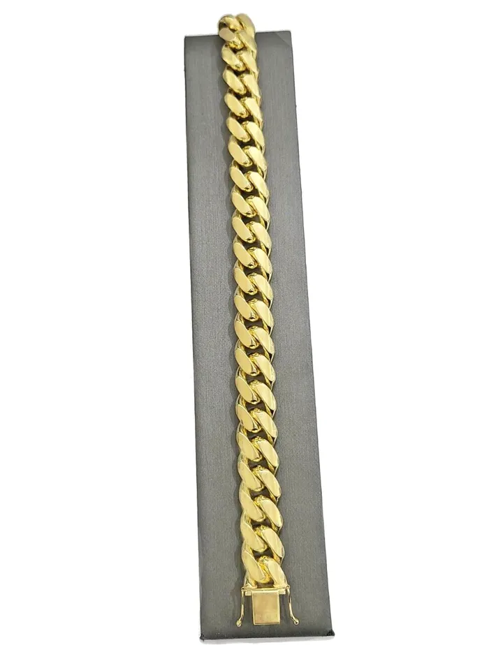 Gold and Diamond 14kt Solid Yellow Gold Miami Cuban Bracelet Real 14k 13mm 95 inches Box Lock Bracelets