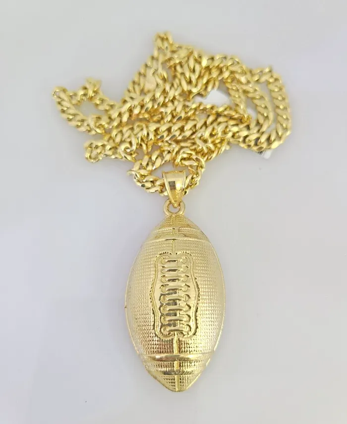 Gold and Diamond Necklaces 10k Foot Ball Charm Miami Cuban Chain Pendant Set 5mm Necklace Yellow Gold
