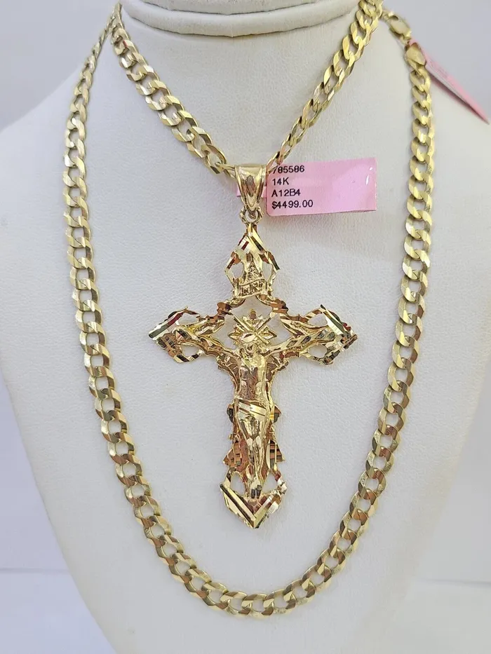 Gold and Diamond Necklaces 14k Gold Chain Jesus Cross Charm Solid Cuban Curb 5mm 2026 Inch SET Necklace