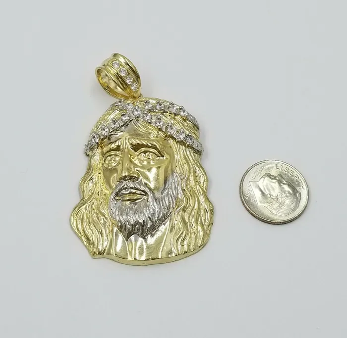 Necklaces Gold and Diamond REAL 10k Yellow White Gold Jesus Head Charm Pendant Diamond Cut 225 35mm Men