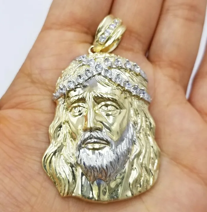 Necklaces Gold and Diamond REAL 10k Yellow White Gold Jesus Head Charm Pendant Diamond Cut 225 35mm Men