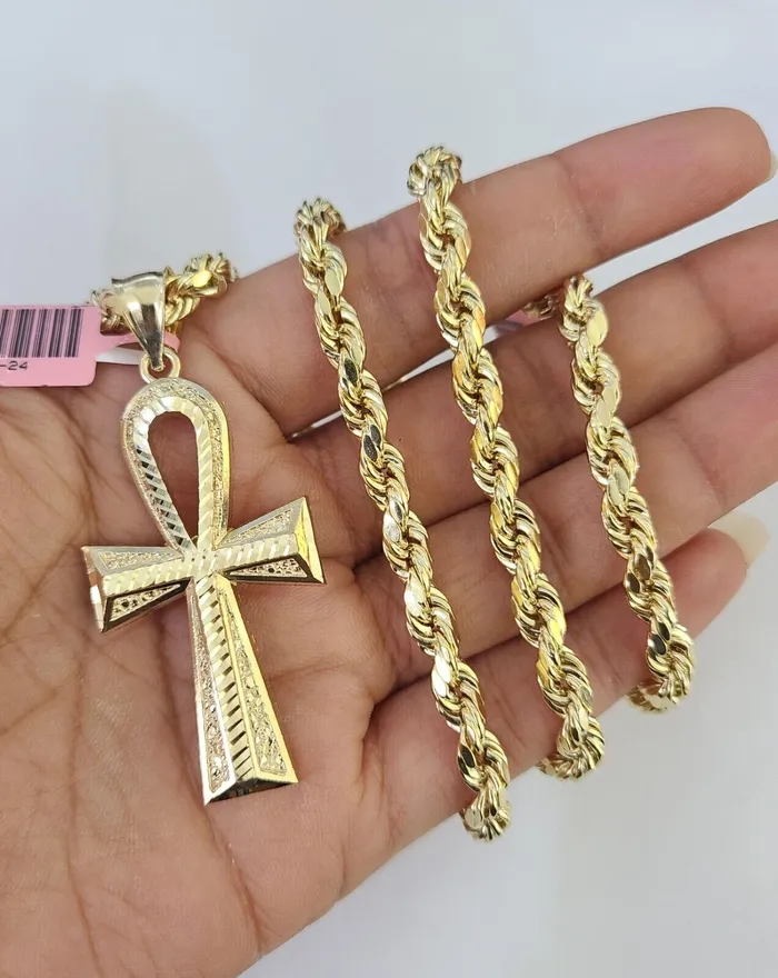 Necklaces Gold and Diamond Real 14k Rope Chain Ankh Cross Charm Set 6mm 1828 Necklace Yellow Gold