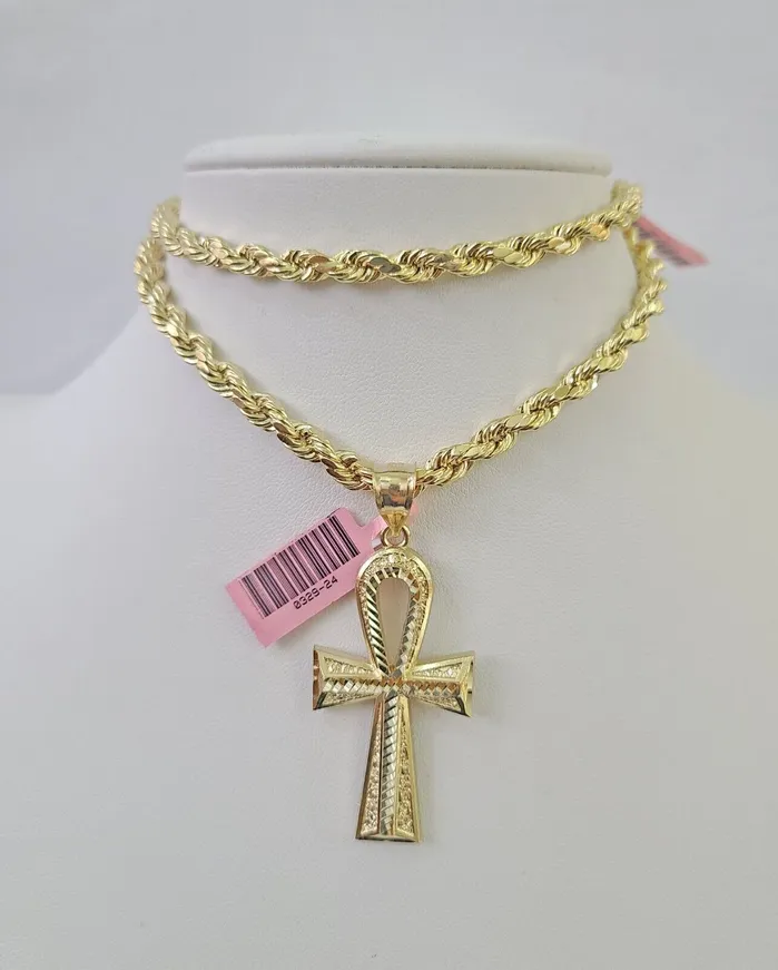 Necklaces Gold and Diamond Real 14k Rope Chain Ankh Cross Charm Set 6mm 1828 Necklace Yellow Gold
