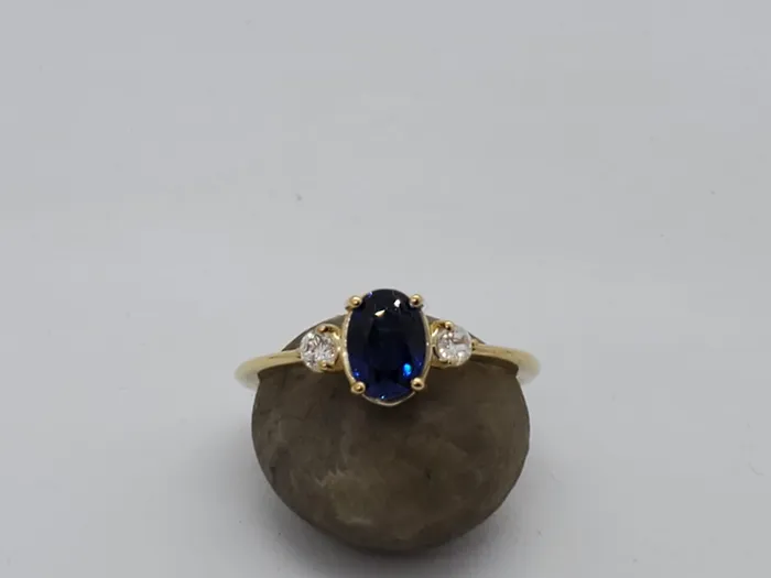 Rings 14K Yellow Gold Band Ring with SAPPHIRE and 2 Diamonds Stone Mounted 4 Pron JCM DESIGN JEWELRY