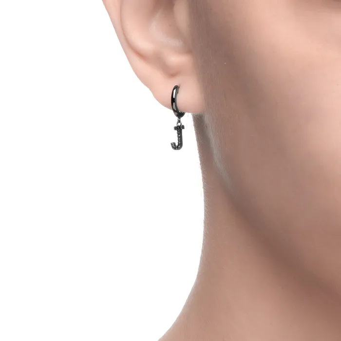 Spirito Rosa Earrings Magna J Letter Single Earring Black CZ Black Rhodium Plated 925 Silver