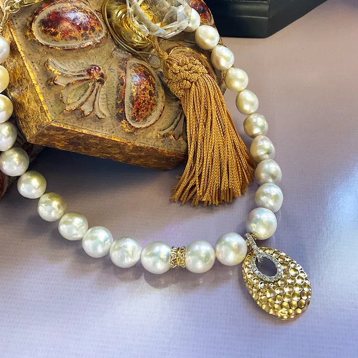 Elisa Ilana Necklaces AAA Pearls and Hammered 14kt Gold and Diamond Pendant Elisa Ilana Necklaces AAA Pearls and Hammered 14kt Gold and Diamond Pendant