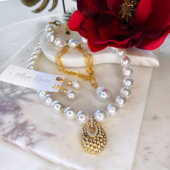 Elisa Ilana Necklaces AAA Pearls and Hammered 14kt Gold and Diamond Pendant