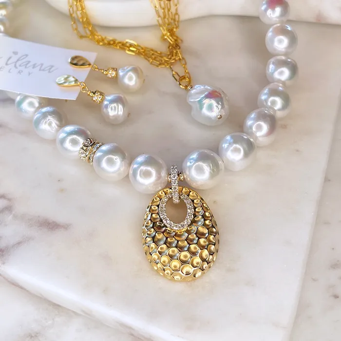 Elisa Ilana Necklaces AAA Pearls and Hammered 14kt Gold and Diamond Pendant