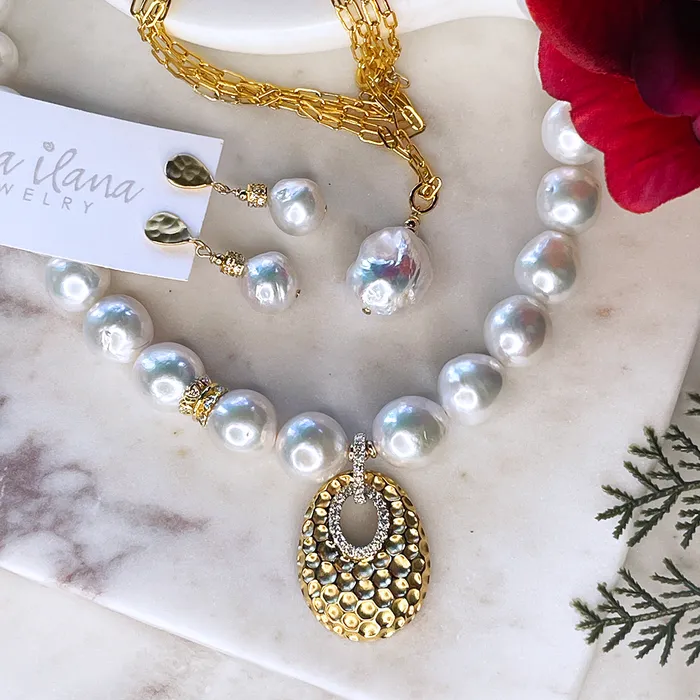 Elisa Ilana Necklaces AAA Pearls and Hammered 14kt Gold and Diamond Pendant