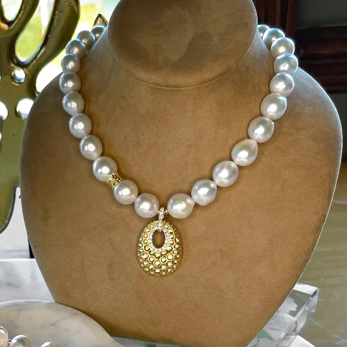 Elisa Ilana Necklaces AAA Pearls and Hammered 14kt Gold and Diamond Pendant