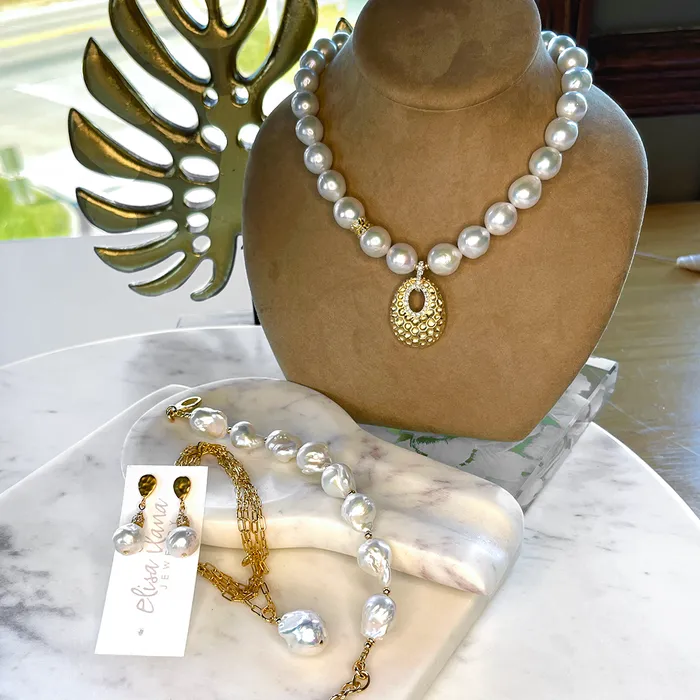 Elisa Ilana Necklaces AAA Pearls and Hammered 14kt Gold and Diamond Pendant