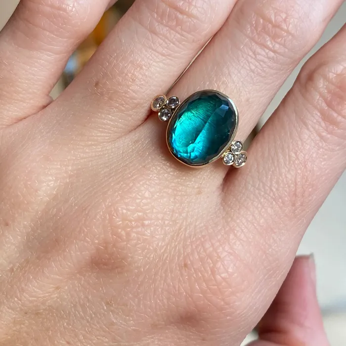 Emily Amey Jewelry Rings Inverted Rosecut Teal Tourmaline With Diamonds Ring in 14k gold