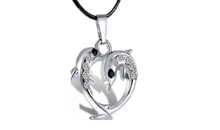 Fashion Silver Plated Dolphin Heart Pendant Black Cord Necklace sparklingselections Necklaces Fashion Silver Plated Dolphin Heart Pendant Black Cord Necklace sparklingselections Necklaces