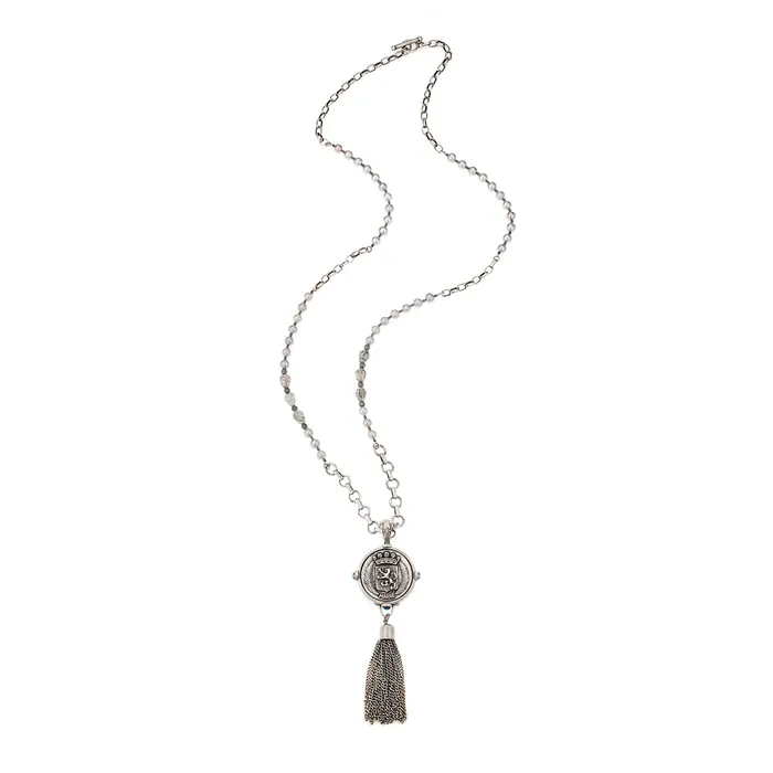 French Kande Necklaces 38 Silver Freshwater Pearl Labradorite Necklace with Silver Medallion and Tassel