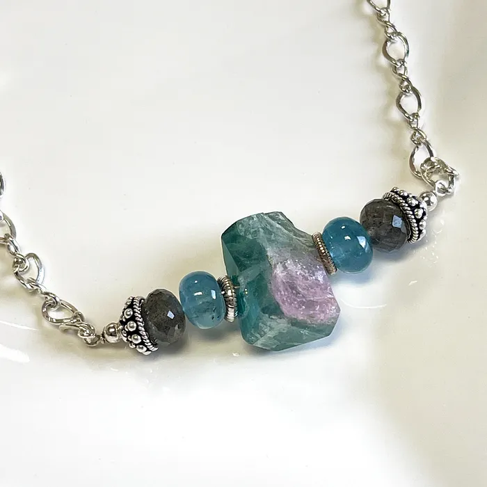 Labradorite Aquamarine Tumbled Tourmaline Necklace in Sterling Silver Elisa Ilana Necklaces Labradorite Aquamarine Tumbled Tourmaline Necklace in Sterling Silver Elisa Ilana Necklaces