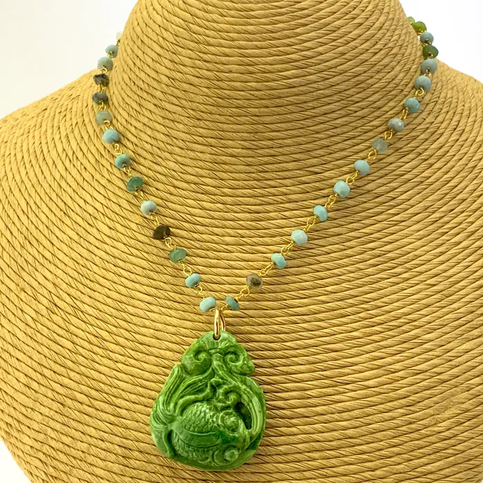 Necklaces Elisa Ilana Carved Green Turquoise Necklace Pendant
