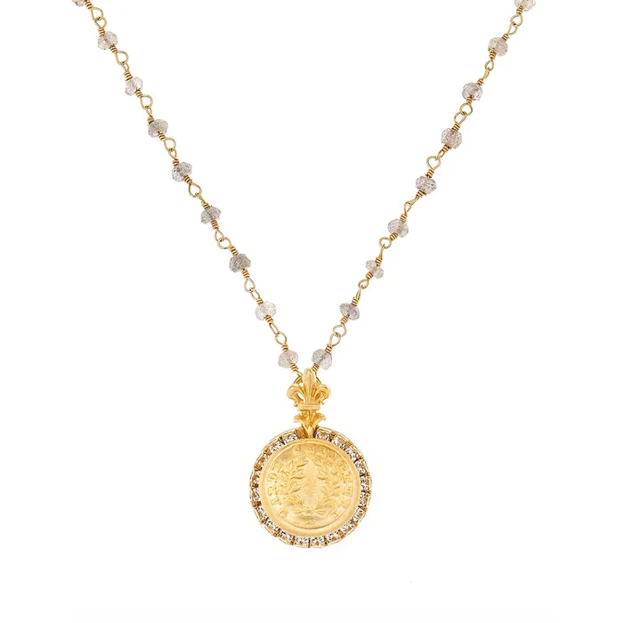 Necklaces French Kande 1518 Labradorite Necklace with 24k Gold Plated Medallion Necklaces French Kande 1518 Labradorite Necklace with 24k Gold Plated Medallion