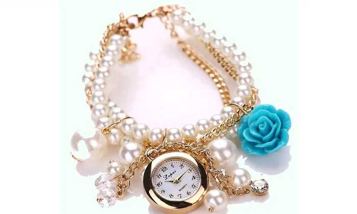 sparklingselections Rose Flower Pearl Round Dial Analog Quartz Bracelet Wrist Watch Bracelets