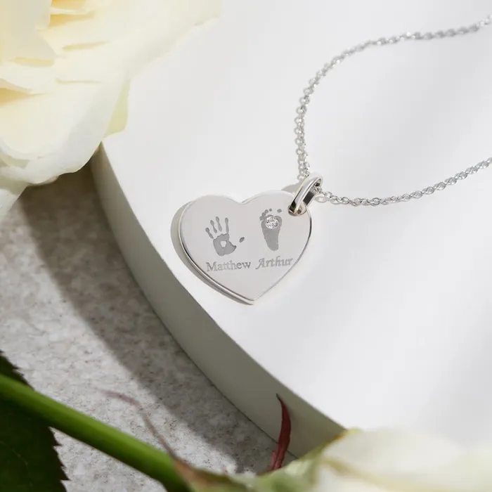 EverWith Necklaces EverWith Engraved Heart Handprint or Footprint Memorial Pendant with Fine Crystal