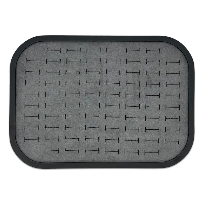 10 58 x 7 58 Black Brushed Aluminum Gray Velvet 76 Ring Display Tray JPI Display Rings 10 58 x 7 58 Black Brushed Aluminum Gray Velvet 76 Ring Display Tray JPI Display Rings