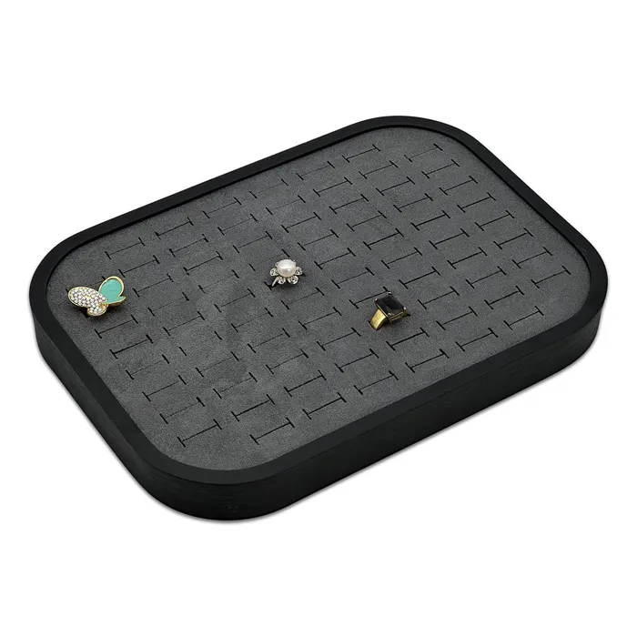 10 58 x 7 58 Black Brushed Aluminum Gray Velvet 76 Ring Display Tray JPI Display Rings 10 58 x 7 58 Black Brushed Aluminum Gray Velvet 76 Ring Display Tray JPI Display Rings