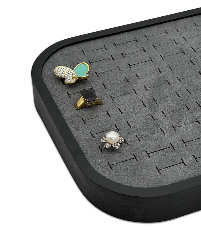 10 58 x 7 58 Black Brushed Aluminum Gray Velvet 76 Ring Display Tray JPI Display Rings 10 58 x 7 58 Black Brushed Aluminum Gray Velvet 76 Ring Display Tray JPI Display Rings