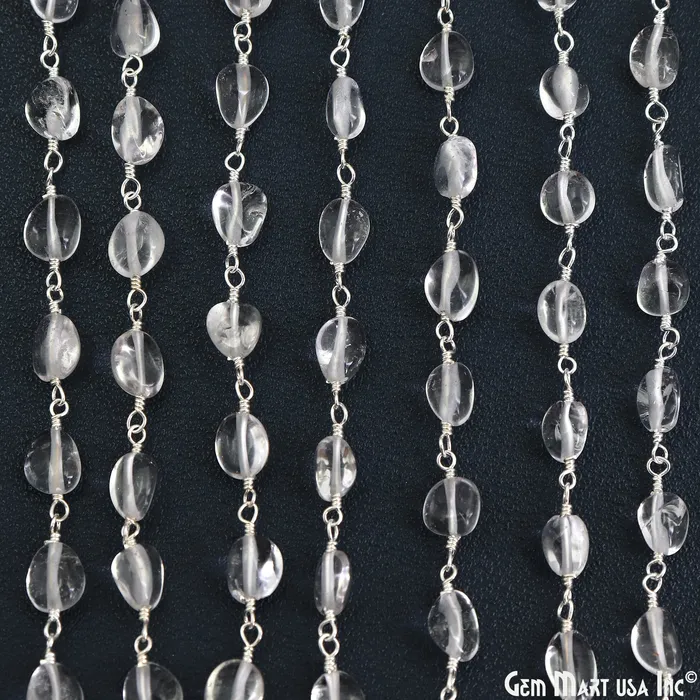 GemMartUSA Crystal Tumble Beads 8x5mm Silver Wire Wrapped Rosary Chain Necklaces GemMartUSA Crystal Tumble Beads 8x5mm Silver Wire Wrapped Rosary Chain Necklaces