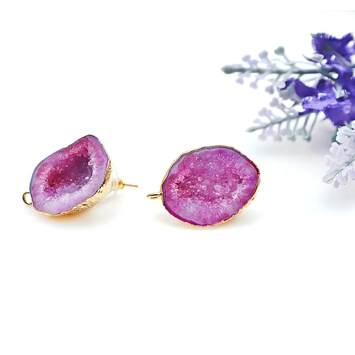 GemMartUSA Earrings DIY Agate Slice Geode Druzy 18x27mm Gold Electroplated Loop Connector Studs Earrings GemMartUSA Earrings DIY Agate Slice Geode Druzy 18x27mm Gold Electroplated Loop Connector Studs Earrings